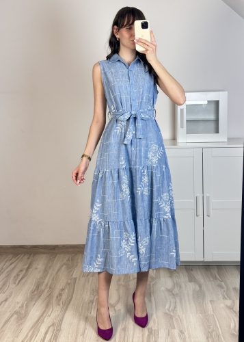 sukienka bawełna len wiązana w talii niebieska elegancka