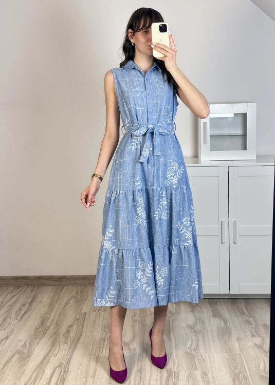 sukienka bawełna len wiązana w talii niebieska elegancka