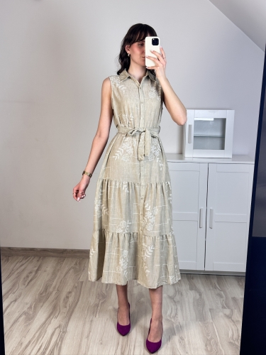 beżowa sukienka szmizjerka bawełna len wiązana w talii elegancka