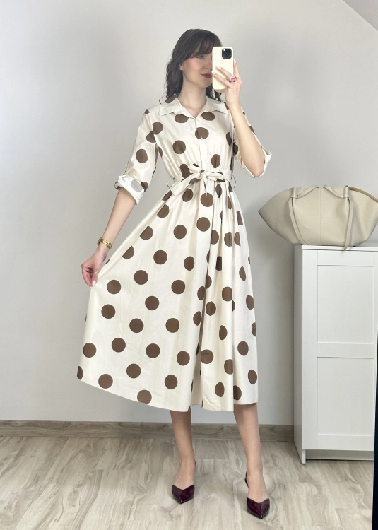 sukienka midi podkreślająca talię z wiązaniem bawełniana sukienka damska na lato w groszki