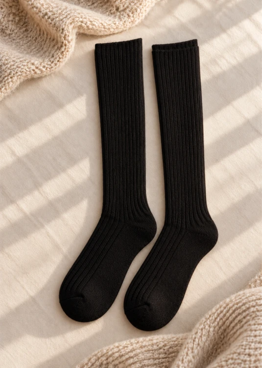 Podkolanówki z alpaką prążkowane czarne