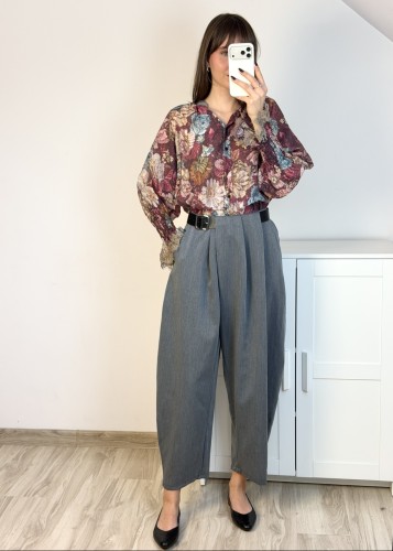 Eleganckie spodnie typu barrel z paskiem – szare