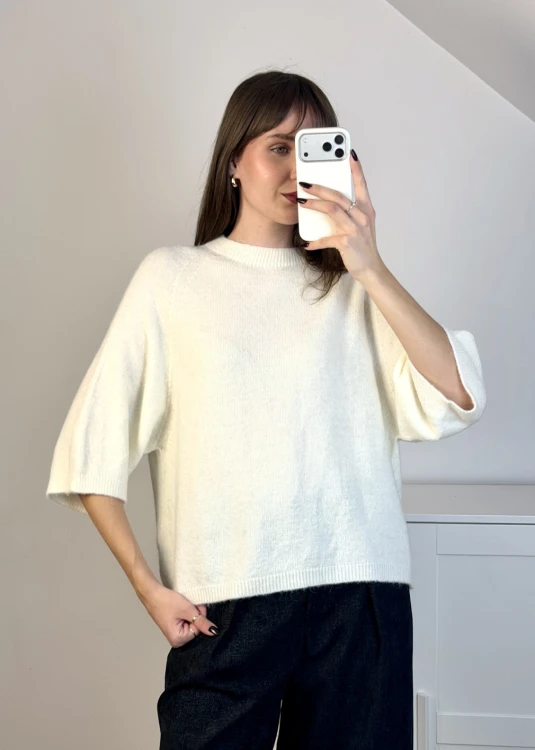 Sweter z rękawem 3/4 z alpaką i wełną – śmietankowy