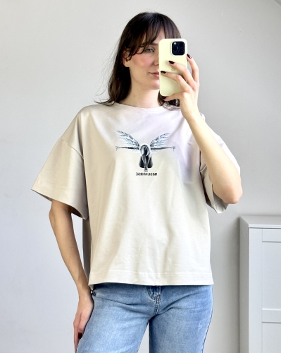 T-shirt bawełniany oversize z nadrukiem przód Luźny t-shirt bawełniany wygodny fason