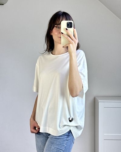 Bluzka bawełniana oversize z ozdobą przód Bluzka biała luźny krój komfortowa Bluzka oversize nie opinająca sylwetki