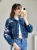Kurtka krótka marszczona w pasie Kurtka jeansowa kobiecy fason Kurtka denim styl casual z ozdobą