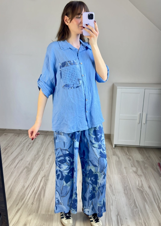 Koszula lniana klasyczna oversize Komplet wygodny na co dzień i wyjazd Lniany komplet modny look